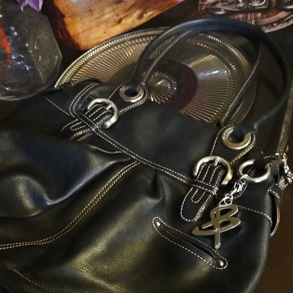 b. makowsky Black Leather Shoulder Bag, Heavy Silver Hardware&White Stitching - Picture 5 of 16